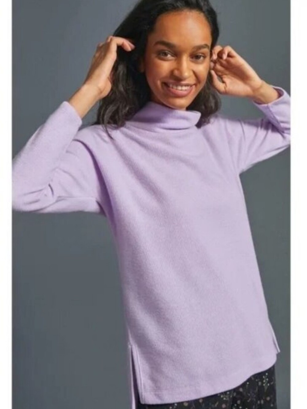 Anthropologie Theresa Lavender Cowl Mock Neck Rib Knit Oversized Long-Sleeve Top